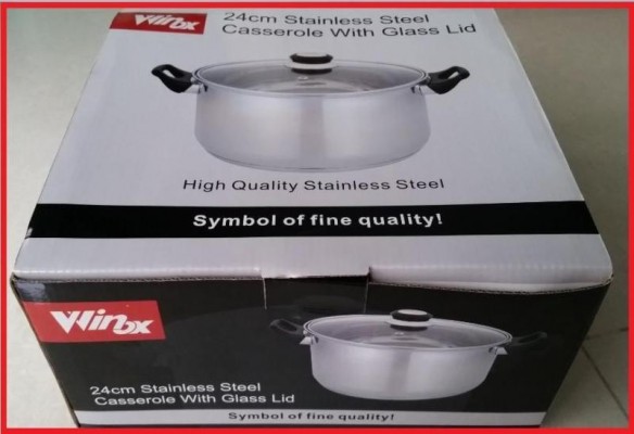 > Brand New Winox 24 cm Stainless Steel Casserole with Glass Lid