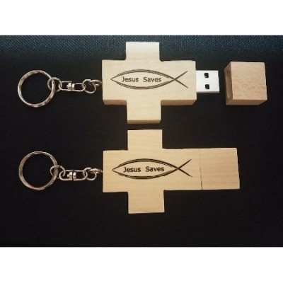 Jesus Saves Wooden Cross USB flash drive keychain. Great Christian Gif...